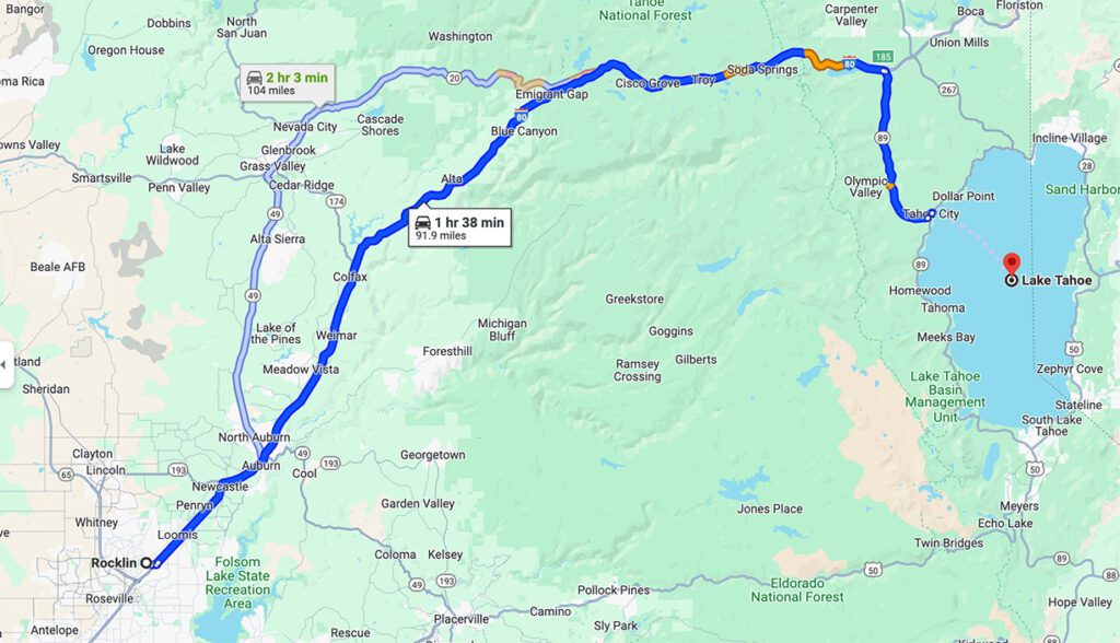 how far is rocklin from lake tahoe google maps route close up california