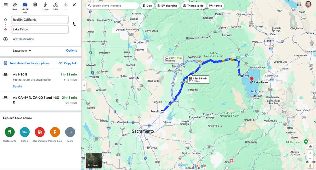 rocklin to lake tahoe california google maps route