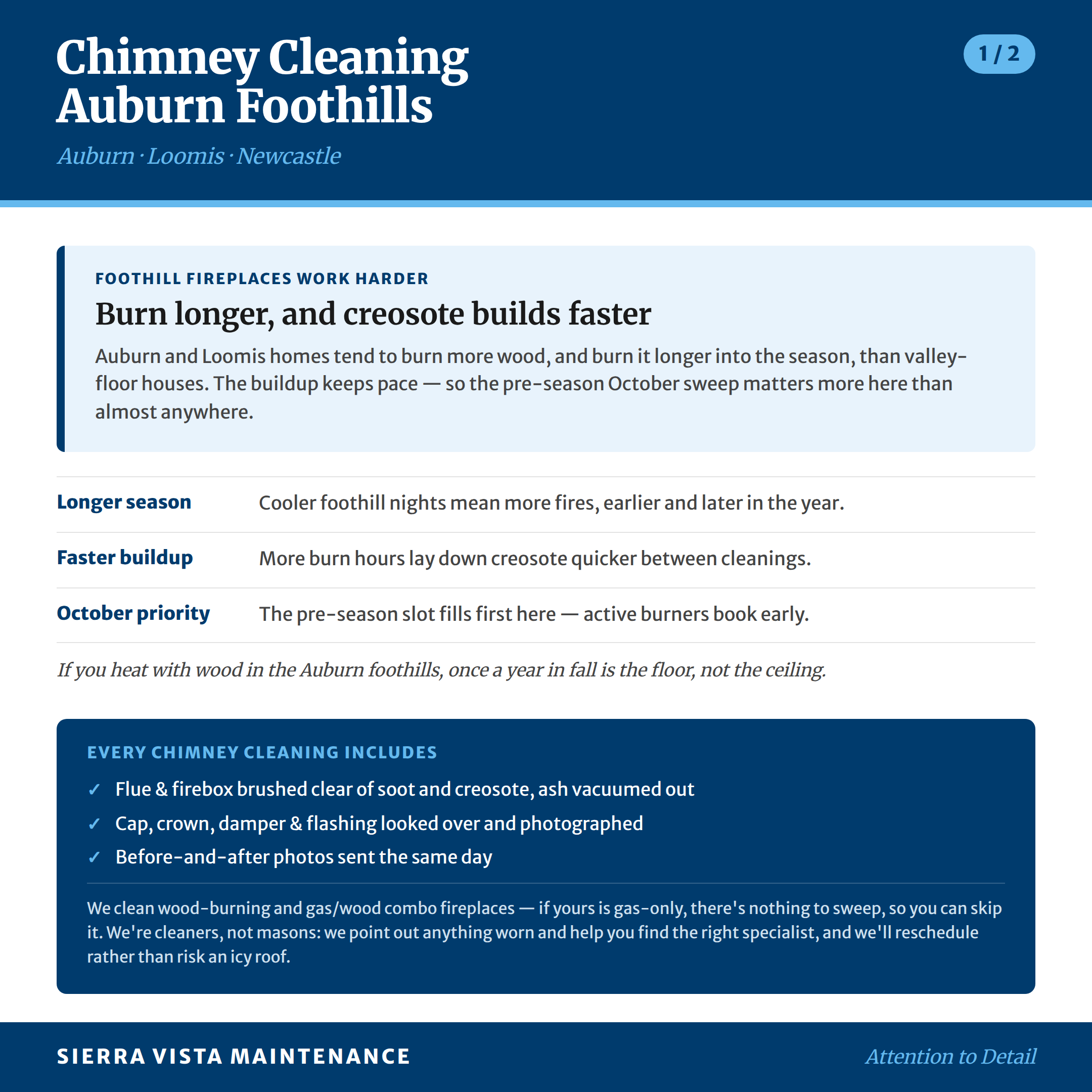 Chimney Cleaning in Auburn, Loomis, Penryn and Newcastle: Foothill home fireplaces burn more wood, more creosote