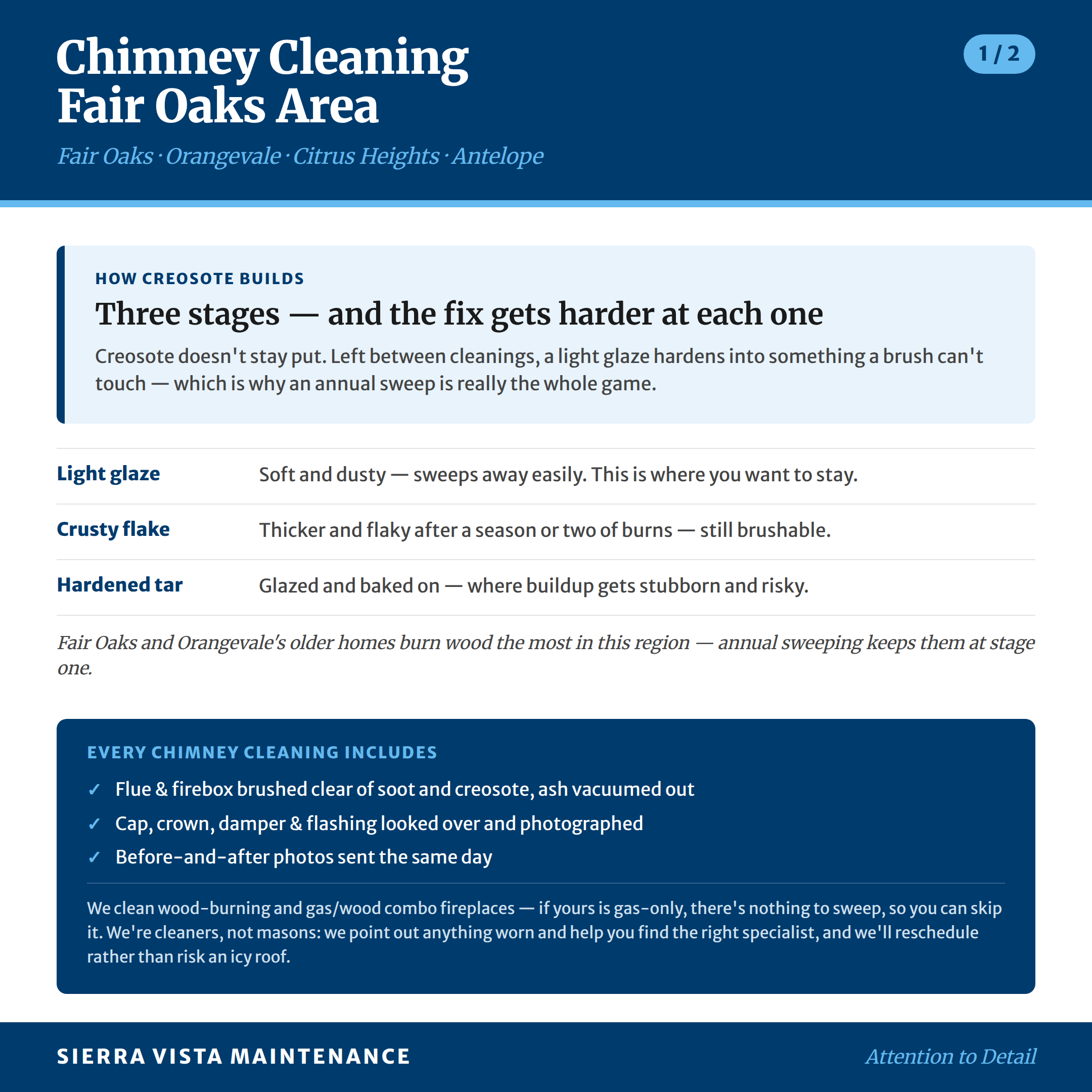 Chimney Cleaning in Fair Oaks, Citrus Heights, Orangevale and Antelope: Three stages of creosote here, the fix gets harder at each stage
