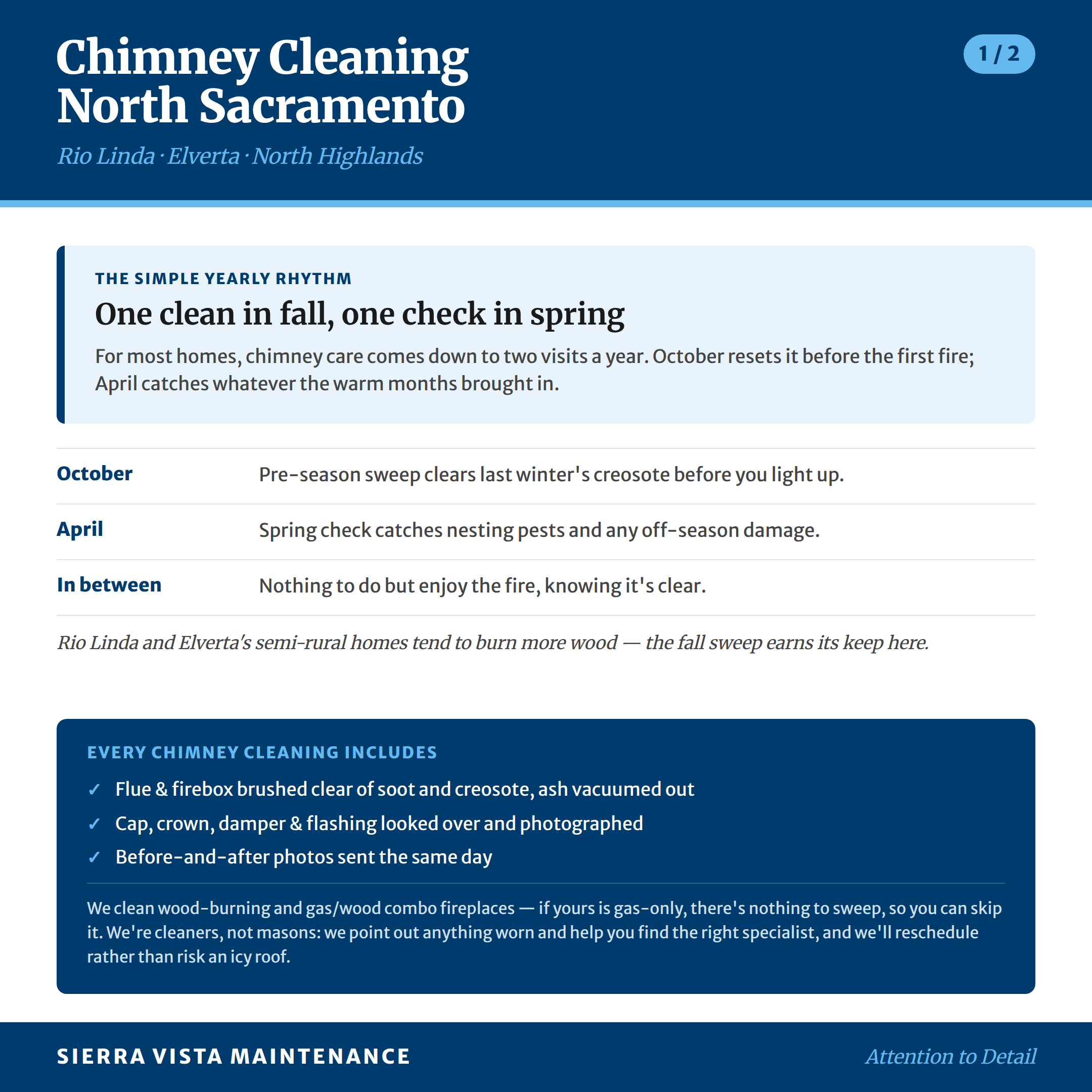 Chimney Cleaning in North Sacramento, North Highlands, Elverta and Rio Linda: Recommended clean in the Fall, followed by Spring checkup