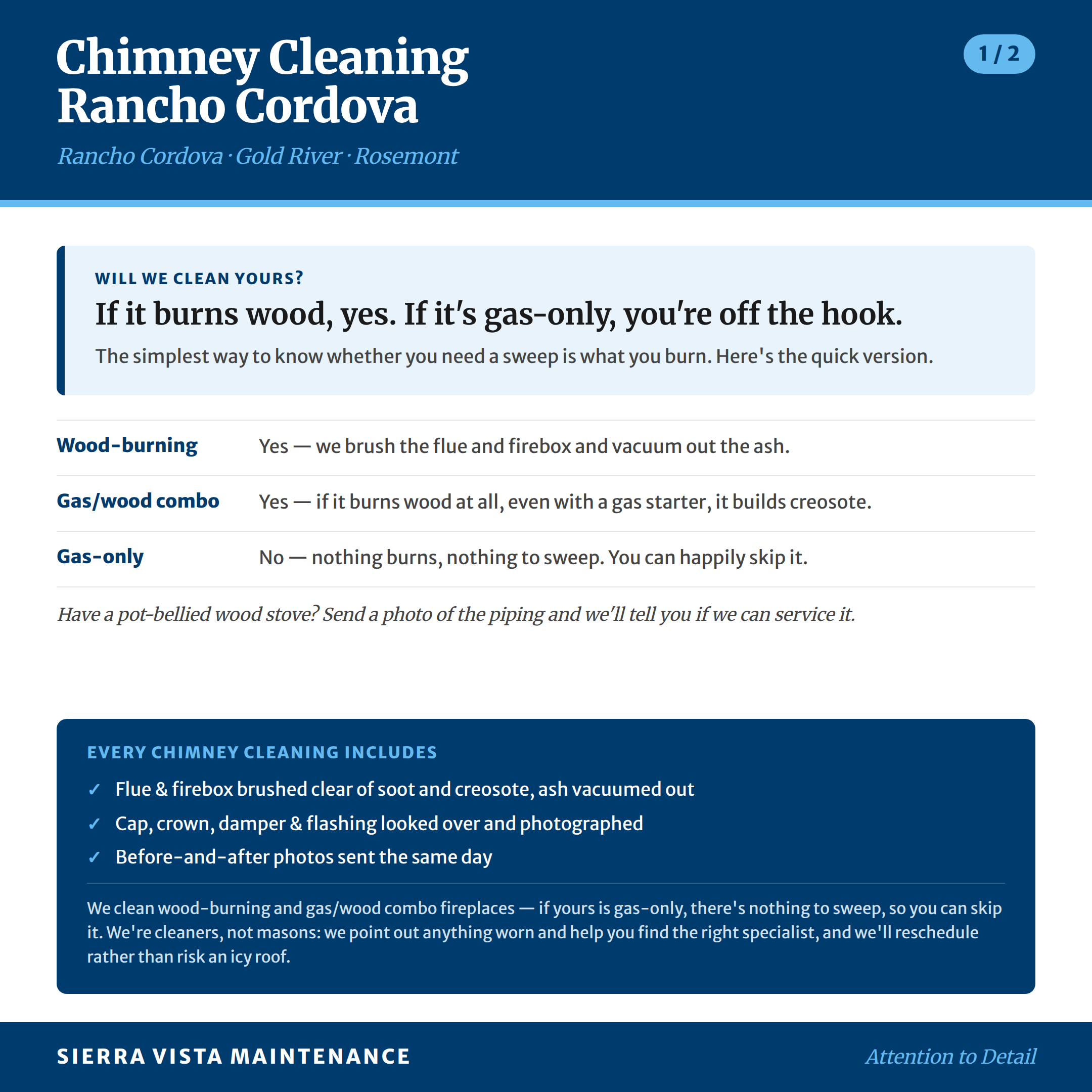 Chimney Cleaning in Rancho Cordova, Gold River, Mather and Rosemont: Wood-burning vs Gas/Wood combo vs Gas-only fireplaces