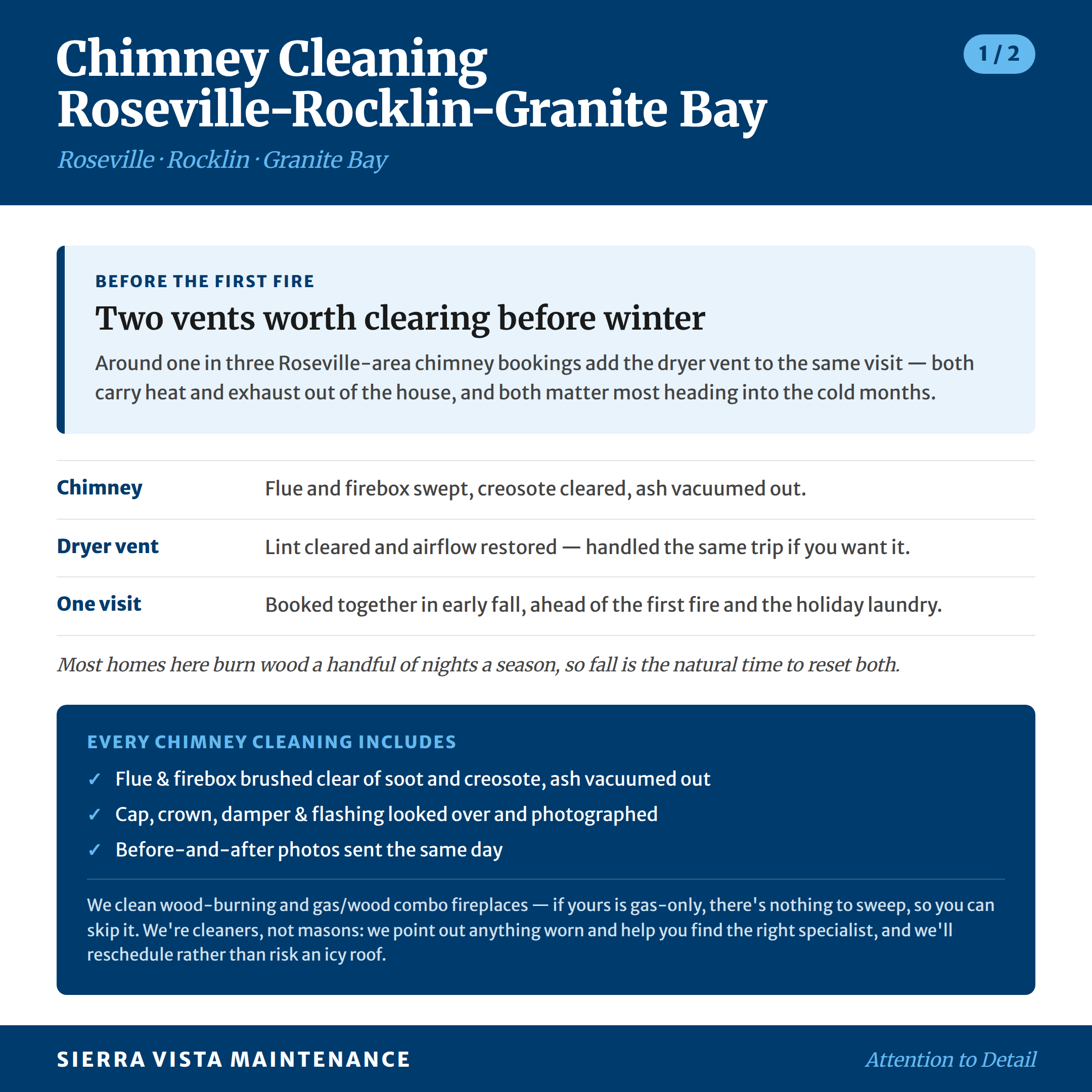 Chimney Cleaning Roseville, Rocklin and Granite Bay: Recommended to clean thoroughly both chimney and dryer vents before the Winter