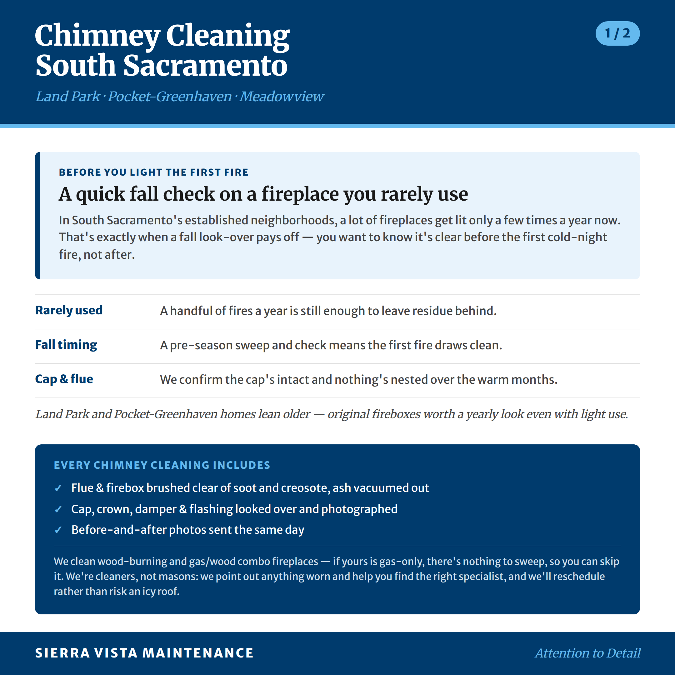 Chimney Cleaning in Land Park, Pocket-Greenhaven and Meadowview: Fall checkups are critical for safety, even if fireplace is rarely used