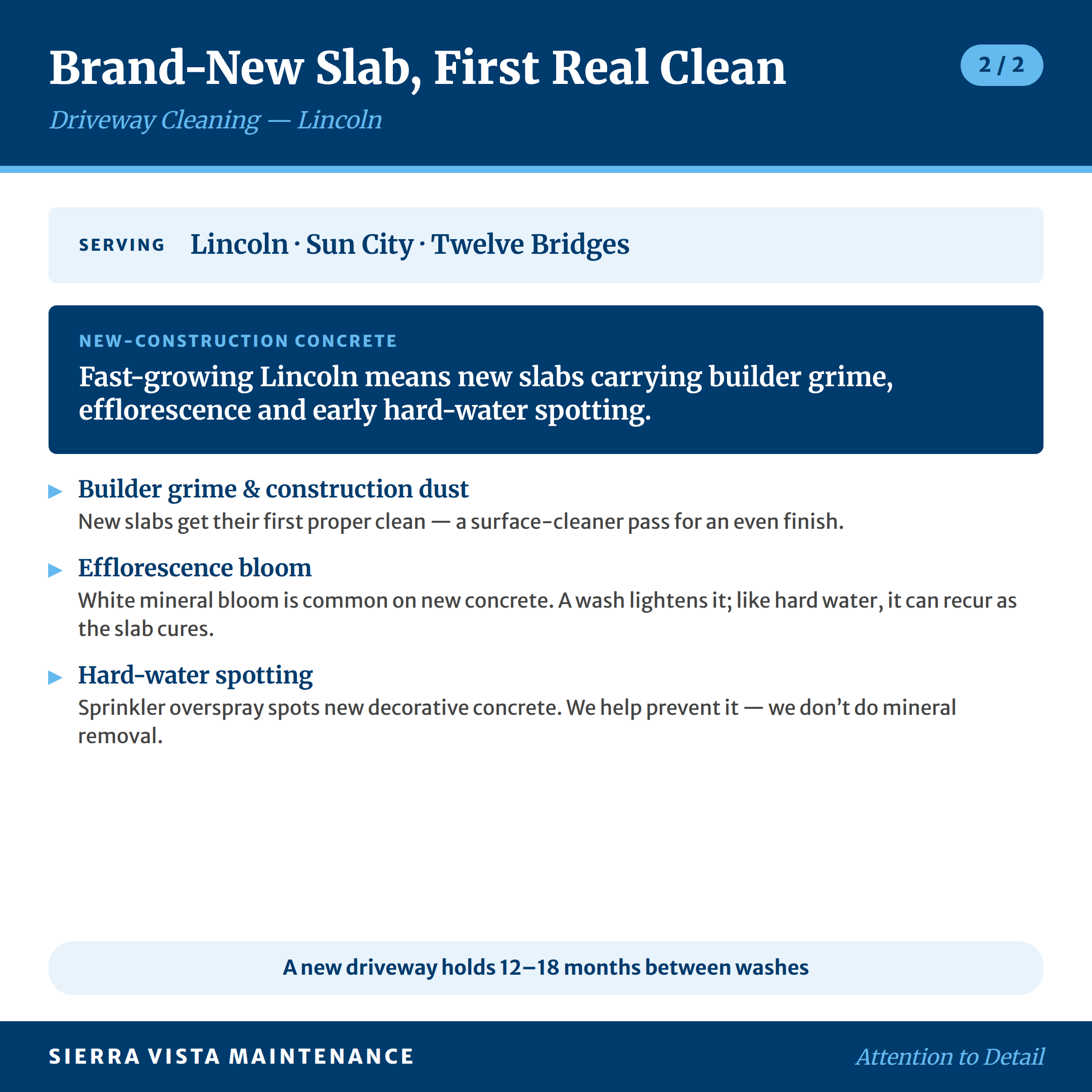 Common driveway cleaning focus in Lincoln: builder grime, efflorescence, and hard-water spotting on new-construction concrete