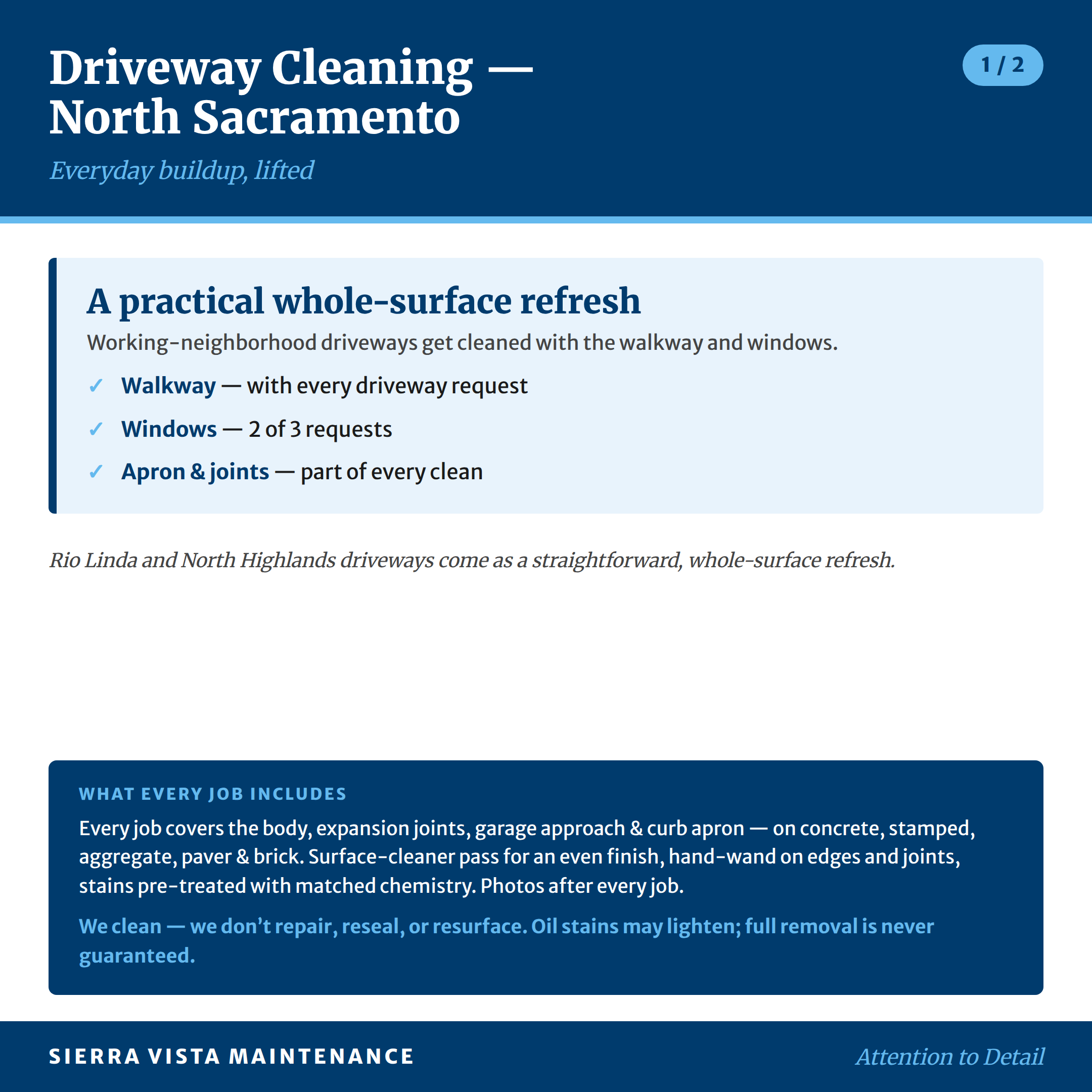 Driveway cleaning for North Highlands, Rio Linda and Natomas: how often driveways here are booked with the walkway and windows