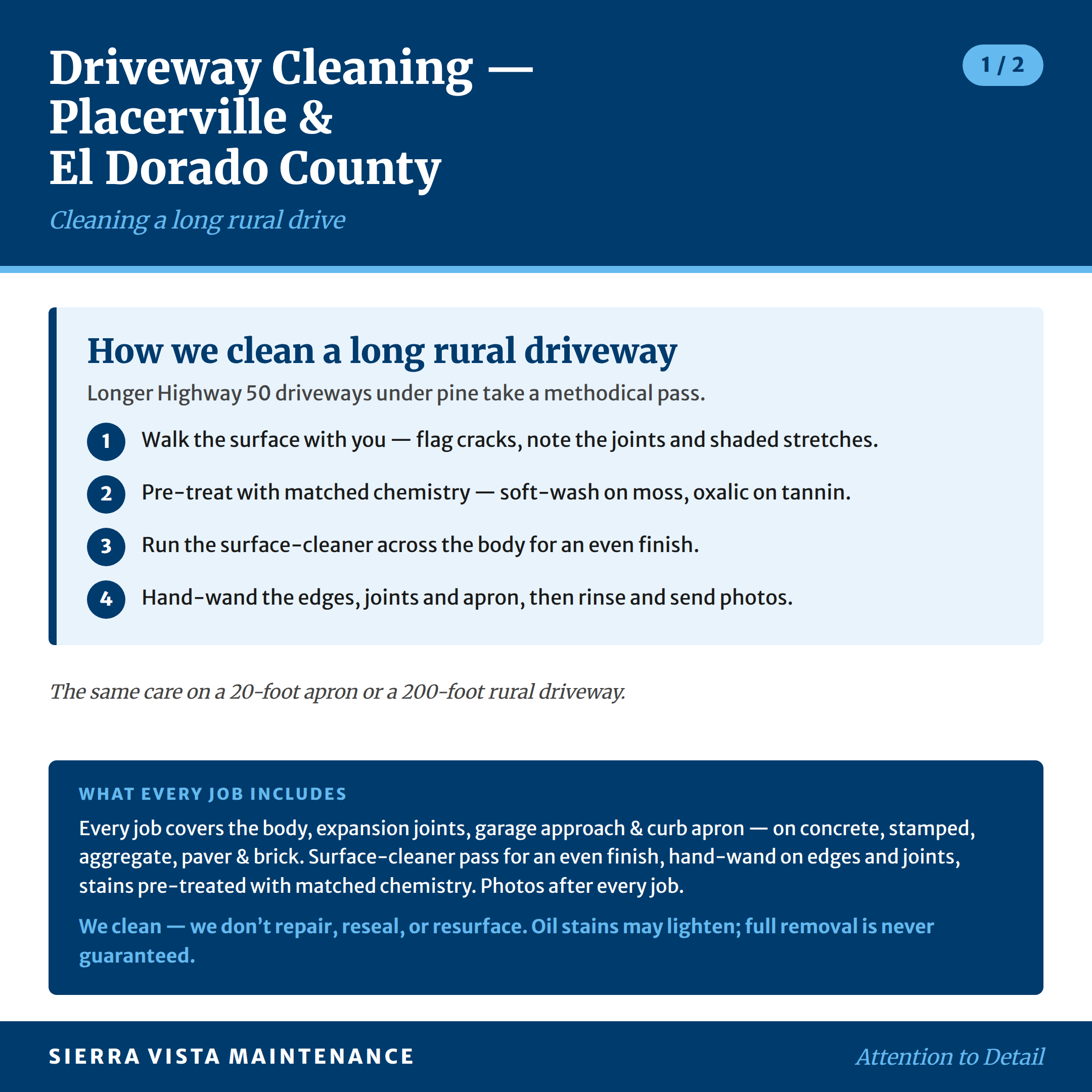 Driveway cleaning for Placerville, Shingle Springs and Diamond Springs: our methodical process for long rural Highway 50 driveways