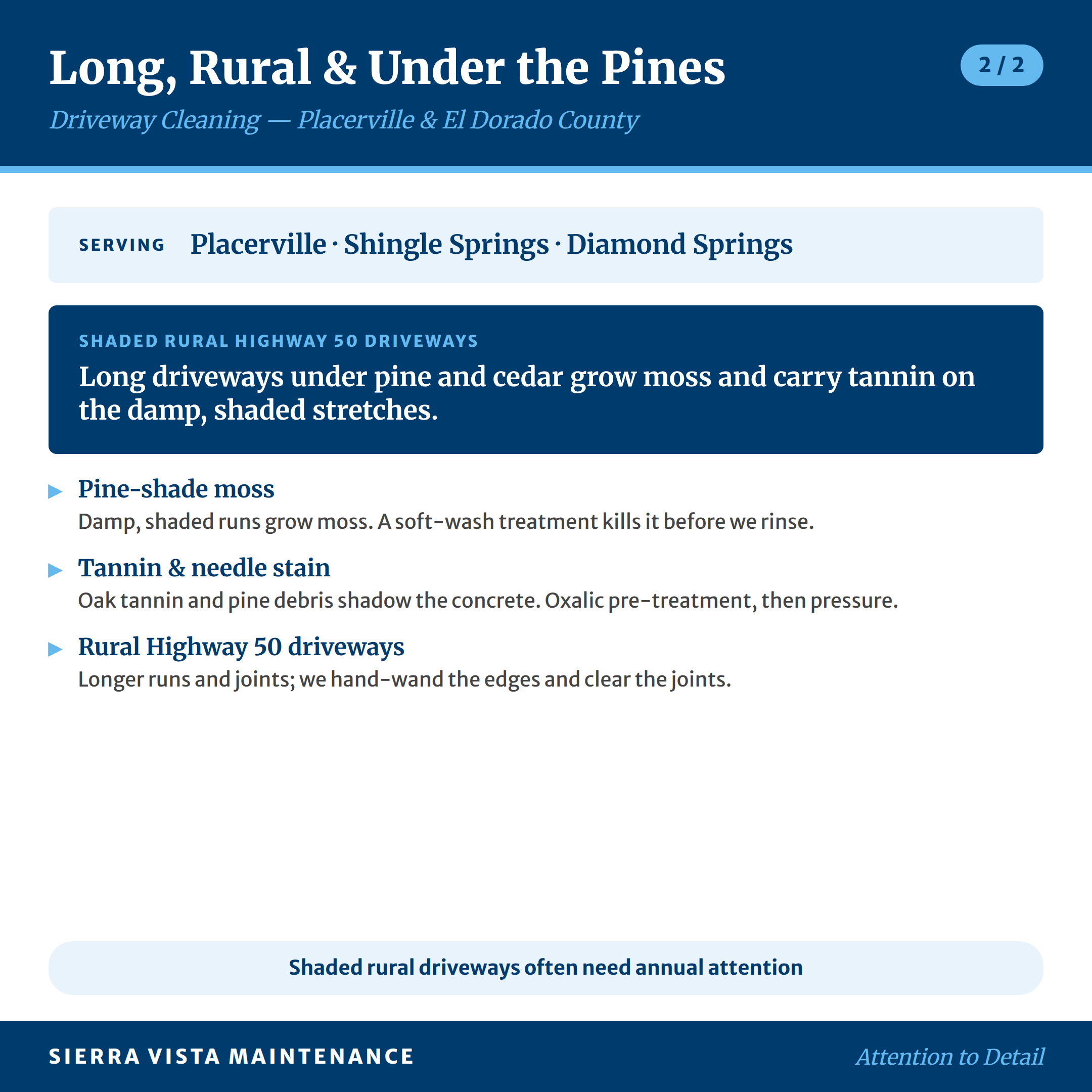 Common driveway cleaning focus in Placerville and El Dorado County: pine-shade moss and tannin on long, rural, canopy-covered driveways