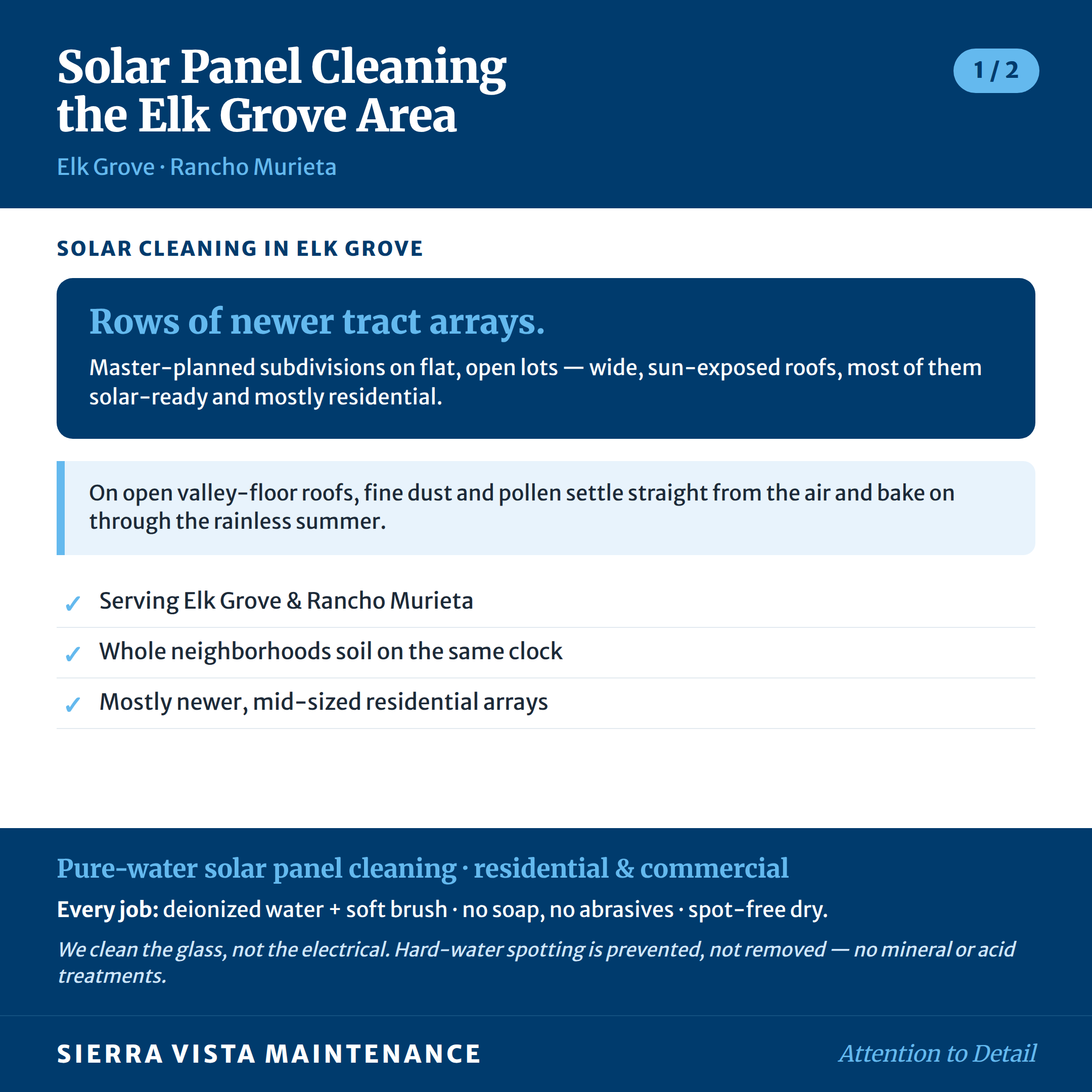 Solar Panel Cleaning for Elk Grove & Rancho Murieta: Rows of newer tract arrays