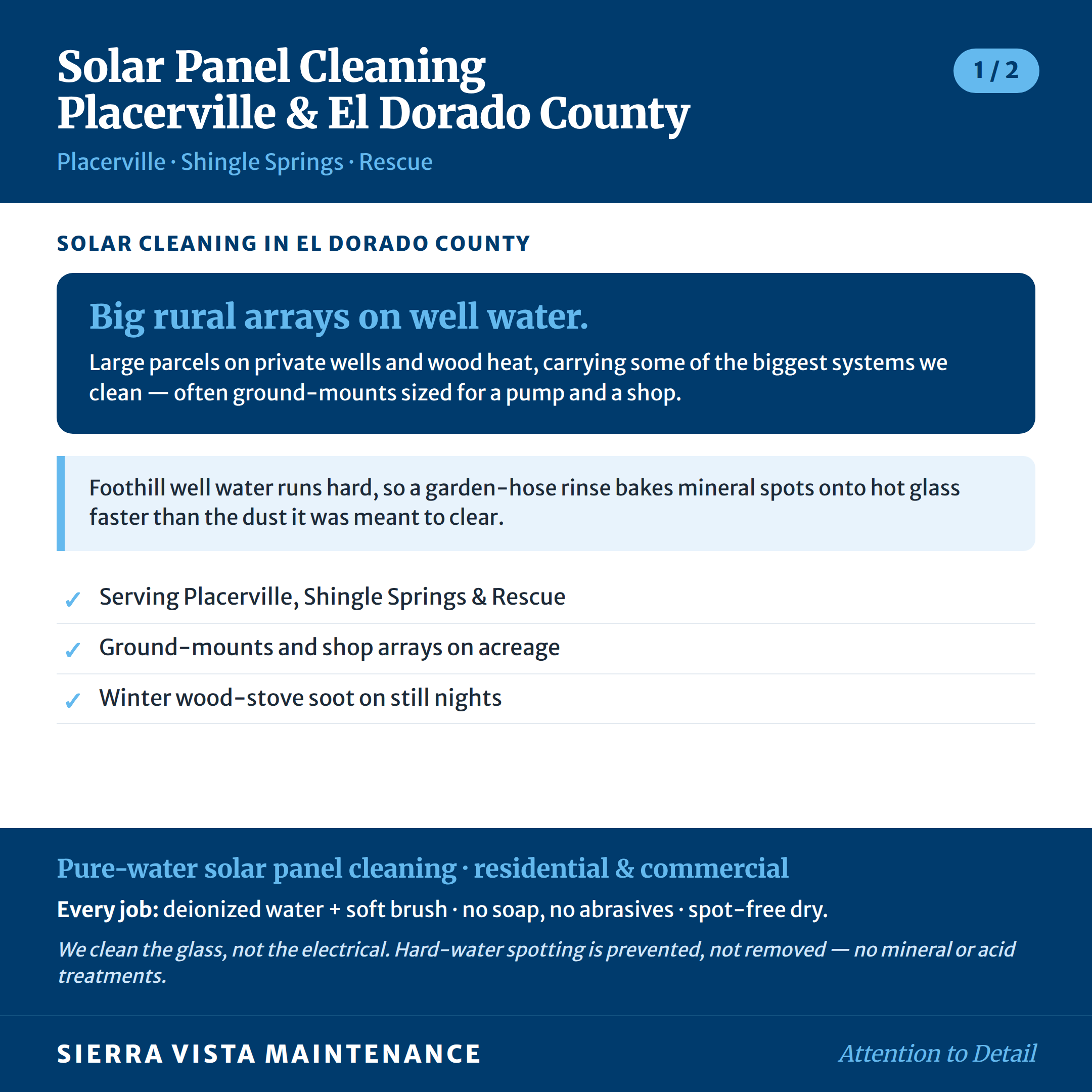 Solar Panel Cleaning for Placerville, Shingle Springs & Rescue: Big rural arrays on well water