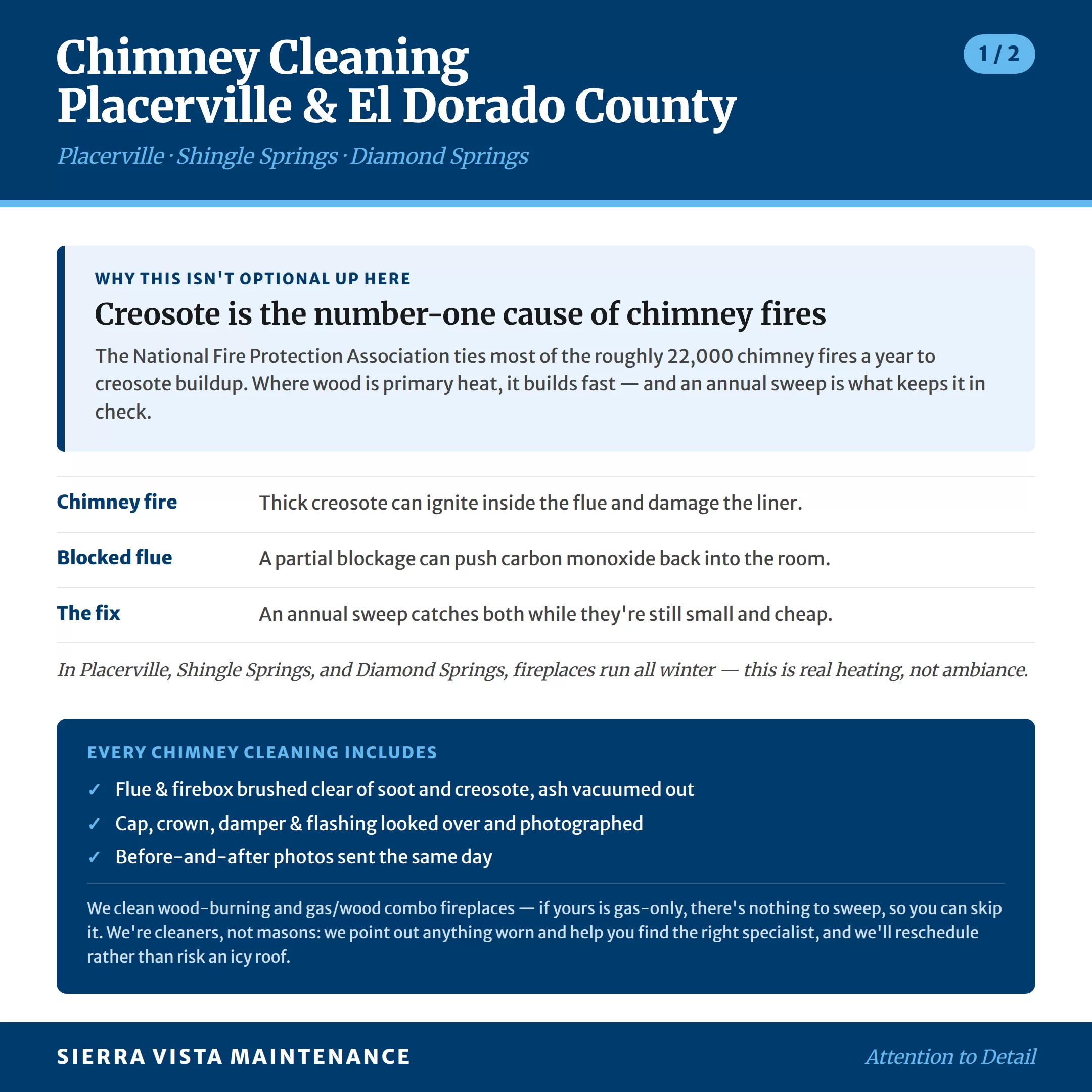 Chimney Cleaning Placerville, Shingle Springs, Diamond Springs and Rescue: Creosote is the top cause of chimney fires here